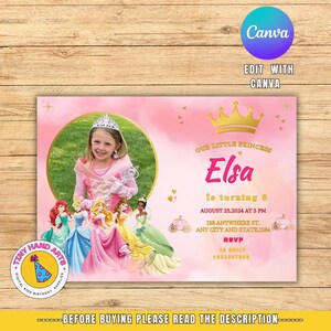 Princess  photo Invitation ,Princess Birthday Party,Kids Digital invitation,Kids Birthday Party, Canva template