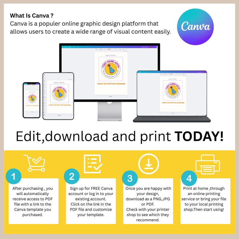 Puede incluir: Gr&aacute;fico promocional de Canva, una plataforma de dise&ntilde;o, con un logotipo morado de Canva. La imagen muestra un tel&eacute;fono, una tableta, una computadora y una computadora port&aacute;til que muestran un dise&ntilde;o. El texto dice "&iexcl;Edita, descarga e imprime HOY!" con pasos numerados.