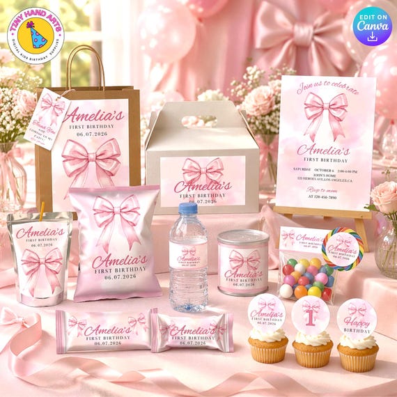 Pink Bow Birthday Party Bundle: Editable Favor Kit, Canva Templates (Digital File Only)