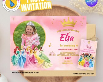 Invito di compleanno a tema principessa: festa per bambini, modello Canva (file digitale)