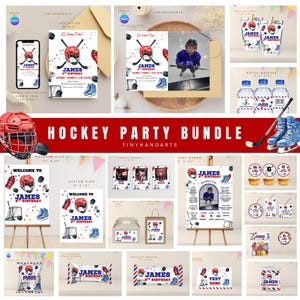 May include: A hockey-themed party bundle featuring invitations, welcome signs, and cupcake toppers. Designs include a red hockey helmet, hockey sticks, and skates. The text "James 6th Birthday" is displayed on several items, perfect for a birthday celebration.