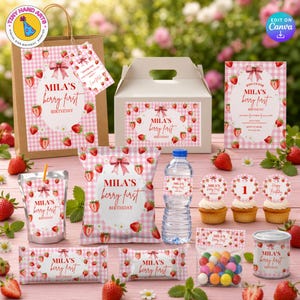 May include: A selection of party decorations with a strawberry theme, including gift bags, boxes, invitations, and cupcake toppers. The items feature a pink gingham pattern, strawberries, and the text "Mila's berry first birthday."
