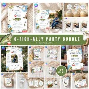 Könnte beinhalten: Eine Sammlung von Partyartikeln mit Angelmotiv, darunter Einladungen, Banner und Geschenktüten. Die Designs zeigen Illustrationen von Fischen, Angelruten und den Text "Henry is a fish-ally ONE!" in einer verspielten Schriftart. Die Farbpalette umfasst Blau-, Grün- und Beigetöne.