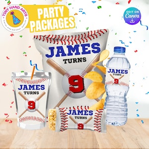 Könnte beinhalten: Ein Baseball-Party-Paket mit dem Text "JAMES TURNS 9". Das Paket enthält eine Chipstüte, einen Saftbeutel, eine Wasserflasche und einen Reis-Crispy-Riegel, alle mit Baseball-Nähten und Schlägern verziert.