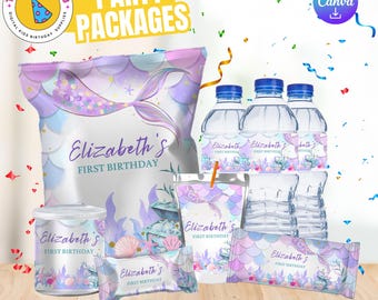 May include: Party package featuring mermaid-themed supplies for a first birthday. Includes a large bag, water bottles, juice boxes, and sweets, all with "Elizabeth's First Birthday" printed on them. Pastel purple, blue, and pink colours are used.