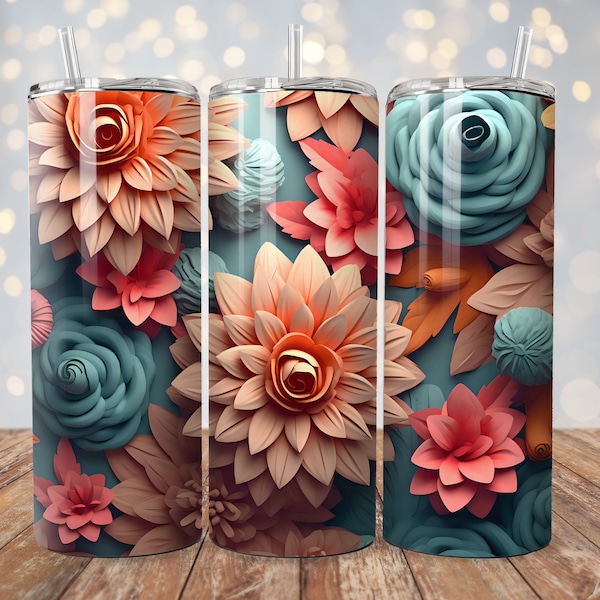 3D Teal Pink Flowers 20 oz Skinny Tumbler Sublimation Design, Straight & Tapered Tumbler Wrap, Instant Digital Download PNG