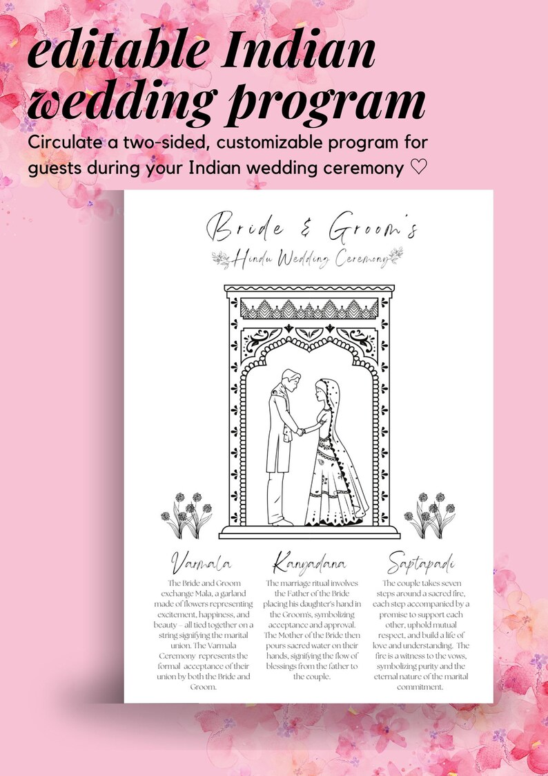 May include: A black and white illustration of a Hindu wedding ceremony with the bride and groom standing under a decorated archway. The illustration is accompanied by text describing the different stages of the ceremony: Varmala, Kanyadana, and Saptapadi.