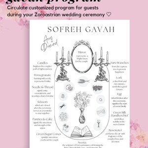 Könnte beinhalten: Ein weißes Programm für eine zoroastrische Hochzeitszeremonie mit den Worten "SOFREH GAVAH" und Illustrationen von Kerzen, einem Spiegel und anderen symbolischen Elementen. Das Programm enthält Text auf Englisch und ist für Gäste bestimmt.