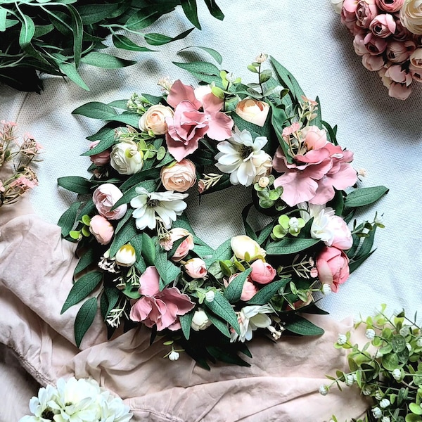 Front door wreath with pink hydrangeas, spring door decoration with flowers, floral home decorations, living room decor with peonies