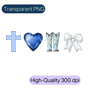 May include: A blue cross, a blue heart-shaped gem, a pair of light blue cowboy boots with floral embroidery, and a white bow with lace trim.