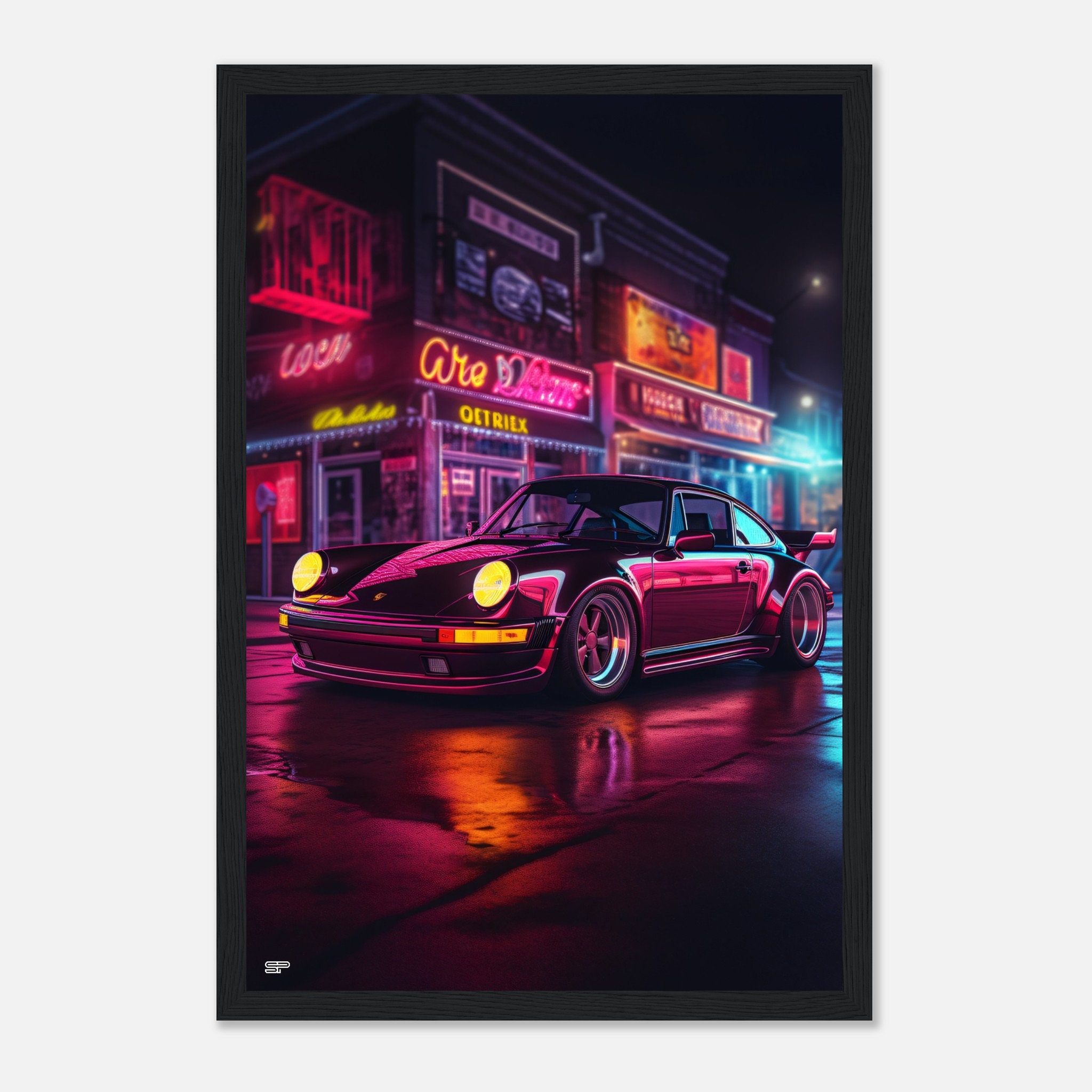 Coupé-auto im neon-stil auf dunklem hintergrund mit warmer