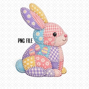 May include: A patchwork bunny in pastel colours, featuring gingham, floral, and polka dot patterns. The bunny has a pink nose, black eyes, and a smiling face. The text "PNG FILE" is visible. Ideal for Easter crafts and decorations.