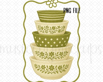 Thrifted Olive Green Pyrex PNG, Floral Cottagecore Vintage Grandma Digital File