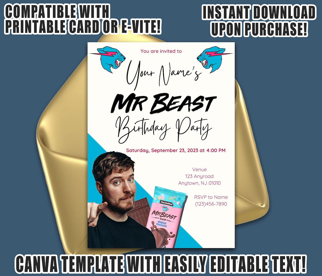 Editable Mr. Beast Birthday Party Digital Invitation, Youtuber Theme ...