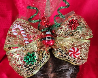 Cerchietto natalizio con fiocco, rosso, verde, perla, strass