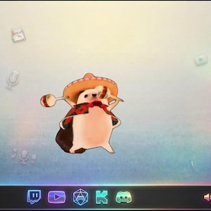 May include: A digital illustration of a light-colored hedgehog wearing a tan sombrero and a red and black patterned poncho, holding maracas. The background features floating icons of headphones, microphones, and cat faces, with a bottom bar displaying social media logos and the text BB's.
