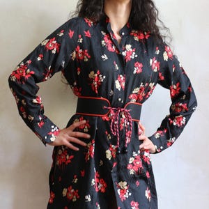 Lanvin Boutique early 1970s Jacquard Silk Black Tunic Button up Floral