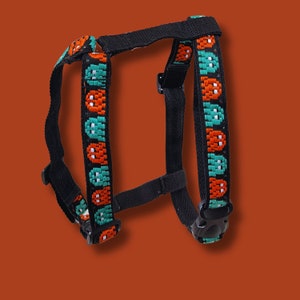 80s-themed Pacman gosht pattern dog harness
