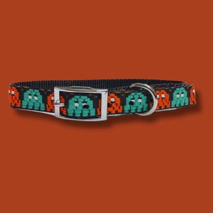 80s-themed Pacman gosht pattern dog collar