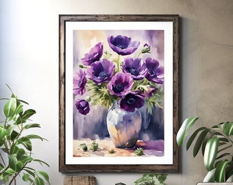 Floral Wall Art - Purple Anemone Flowers in a Vase 2 - Premium Matte Poster / Print - Bedroom Wall Art - Living Room Wall Art