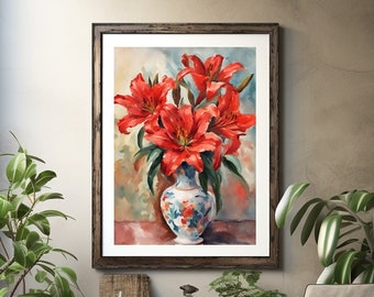 Floral Wall Art - Red Lilies Still Life - Premium Matte Paper Poster / Print - Bedroom Wall Art - Living Room Wall Art