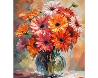Orange Gerbera Flowers 1 - Premium Matte Paper Poster / Print - Floral Wall Art - Perfect for Bedroom, Bathroom, Living Room, Office