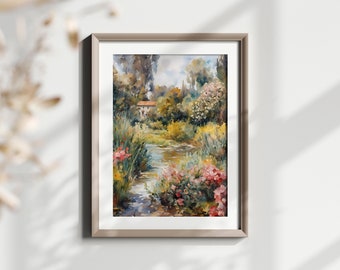 Printable Wall Art - Riverside Cottage Artwork - Impressionist, Gouache Watercolor Style - Instant Download