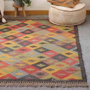 Handwoven Wool Jute Kilim Rug: Bohemian Flatweave Area Rug