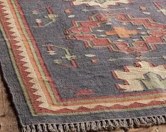 Handgeweven wollen jute kelimtapijt, boho-indisch decor