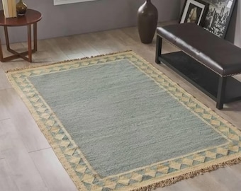 Dywan typu kilim z wełny juty w stylu vintage – ręcznie tkany indyjski dywan Dhurrie, tradycyjny dywan na zamówienie.