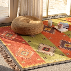 Kilim Rug, Handmade Wool Jute Kilim Rug, Area Kilim Rug, Navajo Kilim Rug, Bohemian Rug, Flatweave Kilim Rug, Indian Dhurrie Rug, Custom Rug