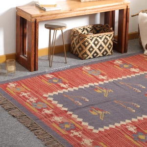 Handwoven Wool Jute Kilim Rug: Bohemian Indian Area Rug