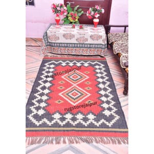 Kilim Rug, Handwoven, Wool and Jute Rug Handmade, Kilim Dhurrie Rug, Traditional Indian jute Area rug