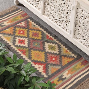 Kilim Runner Handwoven Navajo Kilim Rug Handmade Kilim Dhurrie Rug Motifs, Oriental, Traditional Indian Geometric Kilim Runner Custom Rug