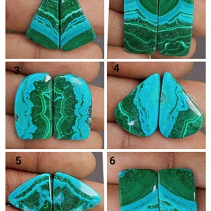 May include: Six pairs of green and blue chrysocolla cabochons, each pair is numbered 1 through 6. The cabochons are various shapes, including triangle, rectangle, and oval.