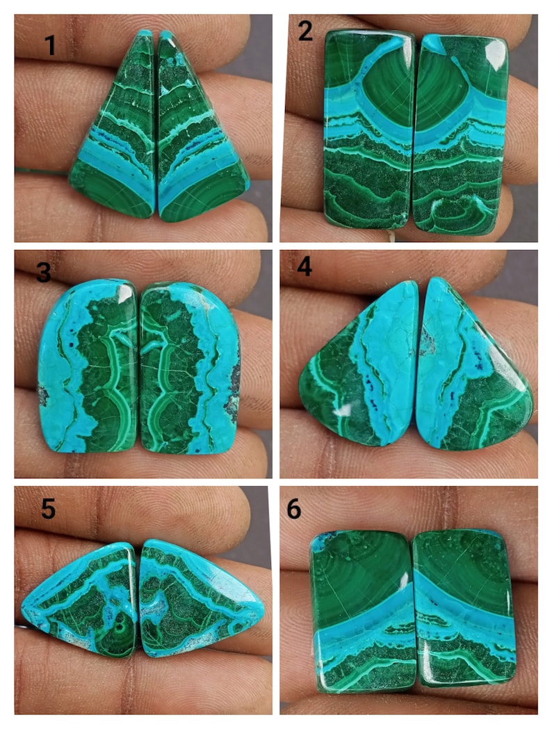 May include: Six pairs of green and blue chrysocolla cabochons, each pair is numbered 1 through 6. The cabochons are various shapes, including triangle, rectangle, and oval.