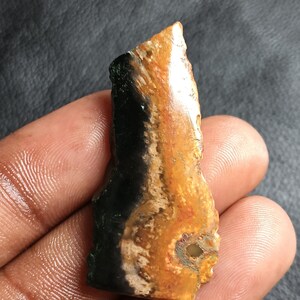 May include: A polished, irregular piece of Bumblebee Jasper featuring a distinct vertical split between a solid black section and a vibrant orange, yellow, and white patterned section with a small circular inclusion near the bottom edge.