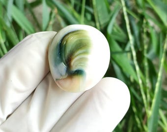 May include: A polished, oval-shaped stone with a swirling pattern of white, green, and blue hues. The stone is held in a gloved hand, with green grass in the background. The stone's design resembles a miniature landscape.
