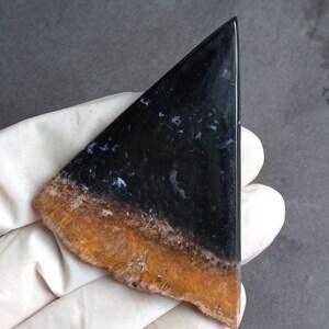 May include: A polished, triangular gemstone with a black, glossy surface and small white inclusions. The bottom edge features a band of orange and brown tones. The stone is held by a gloved hand.