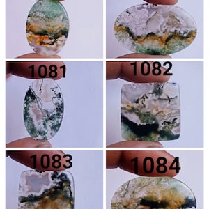 May include: Four oval and two square shaped green, white, and brown agate cabochons. The cabochons are labeled with numbers 1079, 1080, 1081, 1082, 1083, and 1084.