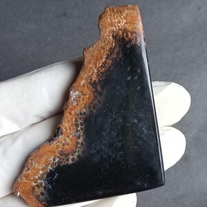 May include: A polished, triangular gemstone with a striking contrast. The lower portion is a deep black, while the upper edge features a textured, orange-brown pattern. The stone's surface is smooth and reflective.