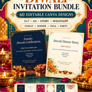 Puede incluir: Un paquete de invitaciones para Diwali con 60 dise&ntilde;os editables de Canva en formatos 5x7, A4, story y WhatsApp. La imagen muestra dos tarjetas de ejemplo con detalles dorados y azules, motivos florales y l&aacute;mparas de aceite encendidas.