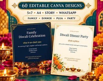 Pacchetto di modelli Canva per Diwali / Inviti, auguri, attività e kit per social media aziendali modificabili / Download digitale