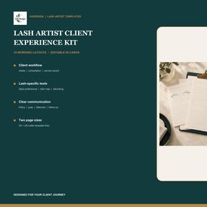Canva-kit voor wimperstylisten: 14 bewerkbare lay-outs met kaartweergave, nazorginstructies, A4/US Letter-formaat