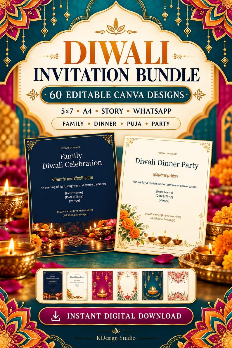 Puede incluir: Un paquete de invitaciones para Diwali con 60 dise&ntilde;os editables de Canva en formatos 5x7, A4, story y WhatsApp. La imagen muestra dos tarjetas de ejemplo con detalles dorados y azules, motivos florales y l&aacute;mparas de aceite encendidas.