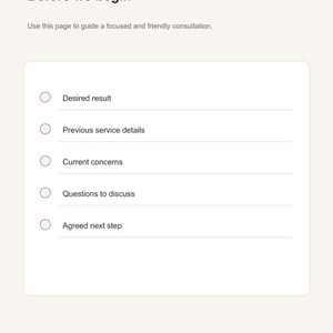 May include: A digital consultation form template with a light background, featuring the header KK DIGITAL STUDIO and the title Before we begin. It includes a checklist with fields for Desired result, Previous service details, Current concerns, Questions to discuss, and Agreed next step, plus an EDIT IN CANVA button.