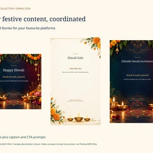 Puede incluir: Una colecci&oacute;n digital de plantillas para redes sociales con tem&aacute;tica de Diwali, que presenta tres dise&ntilde;os distintos con flores de cal&eacute;ndula, l&aacute;mparas de aceite encendidas y fondos azul oscuro. El texto incluye Happy Diwali, Diwali Sale y Editable Diwali Invitations.
