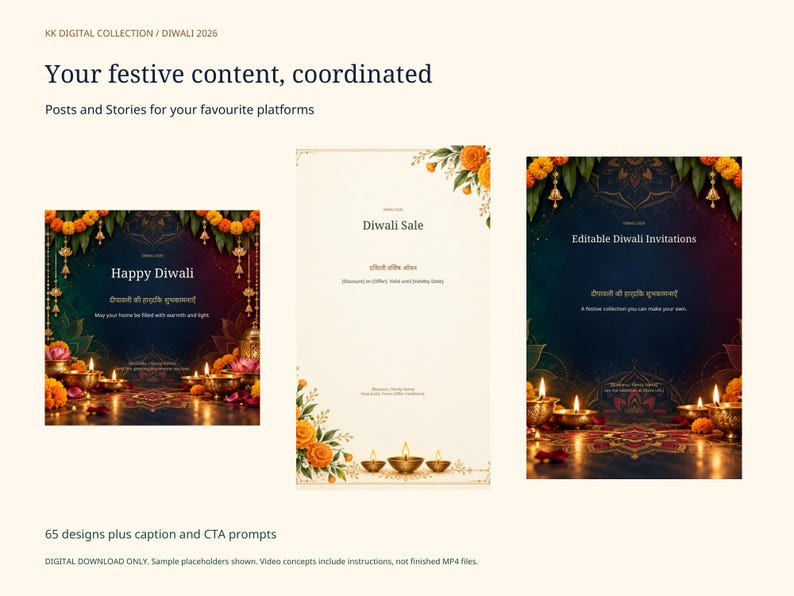 Puede incluir: Una colecci&oacute;n digital de plantillas para redes sociales con tem&aacute;tica de Diwali, que presenta tres dise&ntilde;os distintos con flores de cal&eacute;ndula, l&aacute;mparas de aceite encendidas y fondos azul oscuro. El texto incluye Happy Diwali, Diwali Sale y Editable Diwali Invitations.