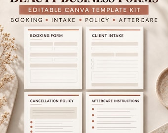 Kit di modelli Canva per attività nel settore della bellezza / Moduli per prenotazioni, anamnesi, politiche e assistenza post-vendita (download digitale)