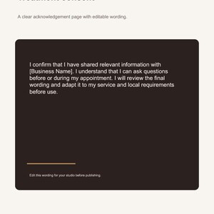 May include: A digital treatment consent form template featuring the text KK DIGITAL STUDIO, CONSENT, Treatment consent, and a dark brown text box containing a confirmation statement. Below is a button labeled EDIT IN CANVA and page number 08.